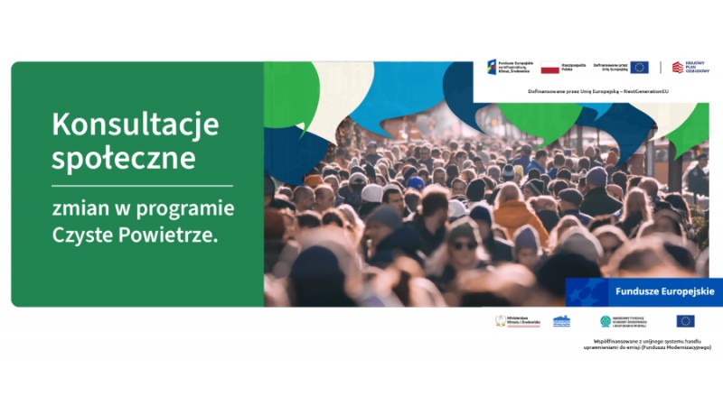 Tłum ludzi na miejskiej ulicy w zimowych ubraniach w słoneczny dzień oraz grafiki obrazujące dialog społeczny poprzez kolorowe dymki, a także znaki i logotypy instytucji dofinansowujących projekt